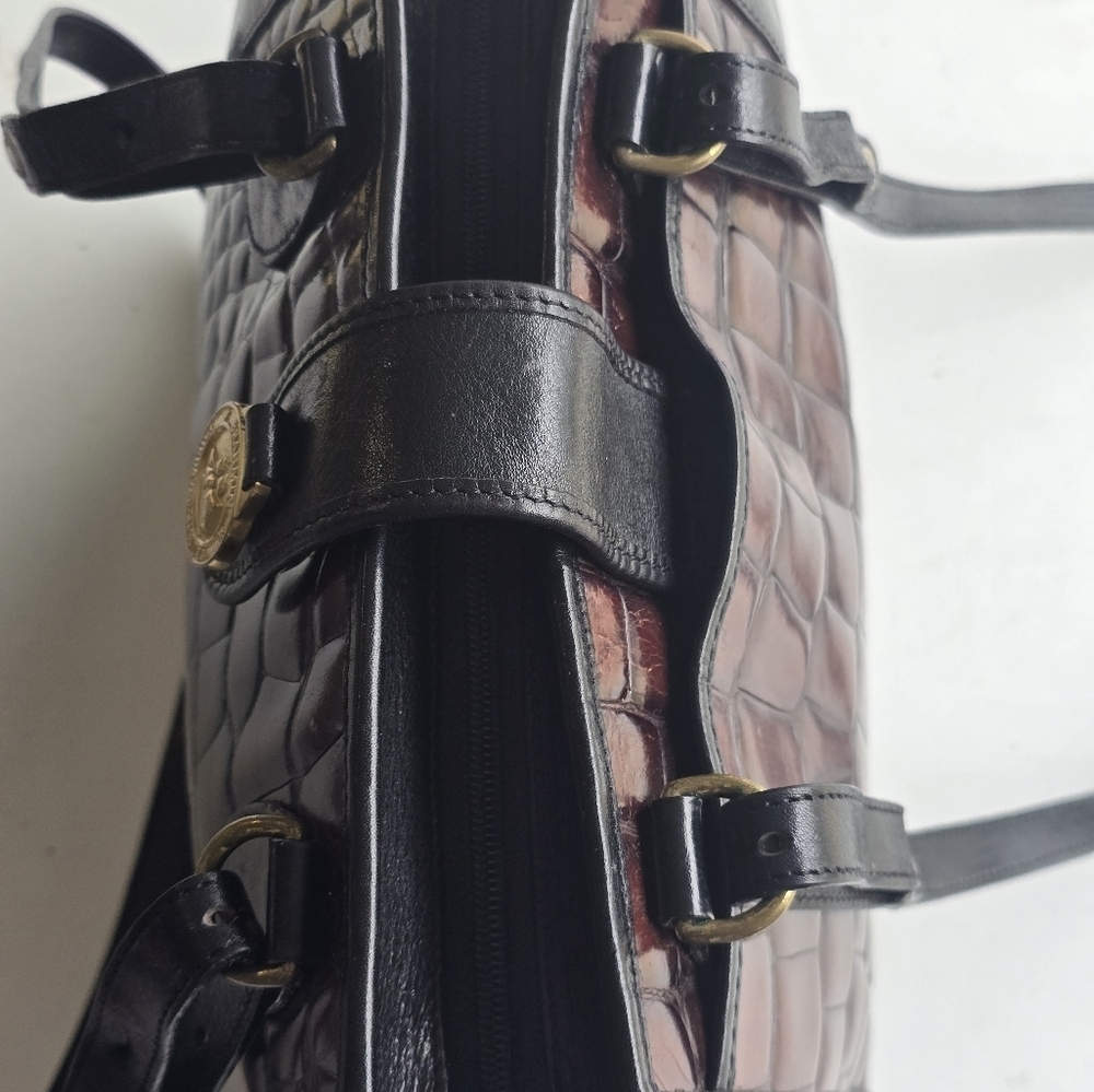 VTG Brahmin Tote Leather Handbag Women Crocodile Print Brown Black Rare - Picture 13 of 15